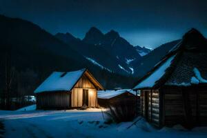 en stuga i de snö på natt. ai-genererad foto