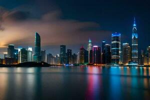 de stad horisont på natt i hong kong. ai-genererad foto