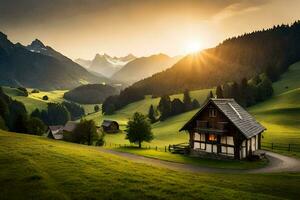 de Sol stiger över en berg by i de alperna. ai-genererad foto