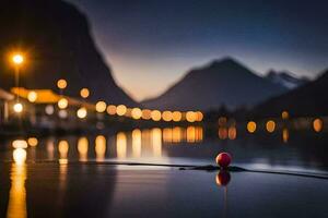 en röd boll flytande i de vatten på natt. ai-genererad foto