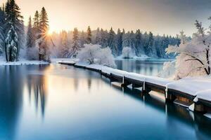 vinter- landskap med en trä- bro över en sjö. ai-genererad foto