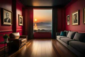 en levande rum med röd väggar och en se av de hav. ai-genererad foto