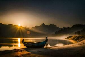 de båt på de strand på soluppgång. ai-genererad foto