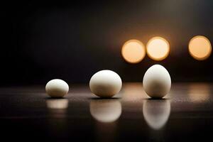 tre ägg är fodrad upp i främre av en ljus. ai-genererad foto
