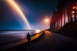 en man promenader ner en väg på natt med en regnbåge i de himmel. ai-genererad foto