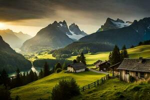 de Sol uppsättningar över de bergen i de swiss alperna. ai-genererad foto