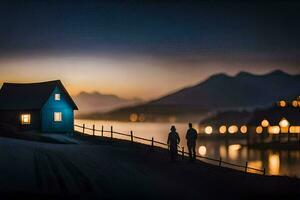 två människor promenad förbi en blå hus på natt. ai-genererad foto