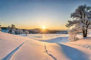 de Sol stiger över en snöig landskap. ai-genererad foto