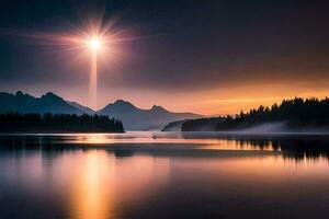 de Sol lyser över en sjö och berg. ai-genererad foto