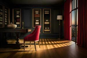 en rum med en röd stol och bokhyllor. ai-genererad foto