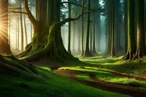 en skog med träd och gräs. ai-genererad foto