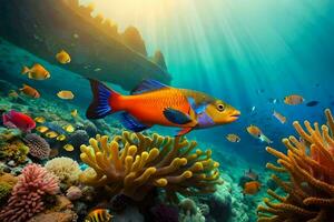 en färgrik fisk simmar över en korall rev. ai-genererad foto