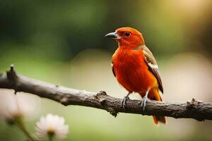 en ljus orange fågel sitter på en gren. ai-genererad foto