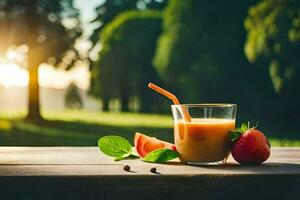 en glas av juice med jordgubbar och en sugrör på en tabell i de Sol. ai-genererad foto