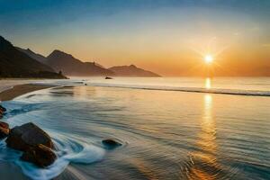 de Sol stiger över de hav och bergen i detta Foto. ai-genererad foto