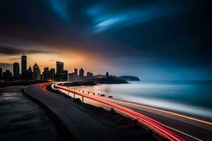 en lång exponering fotografera av en stad horisont och de hav. ai-genererad foto
