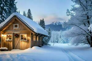 en stuga i de snö med en ljus på. ai-genererad foto