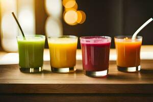 fem annorlunda juicer i glasögon på en tabell. ai-genererad foto