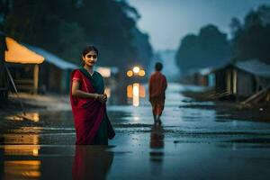 en kvinna i en sari står i en översvämmad gata. ai-genererad foto
