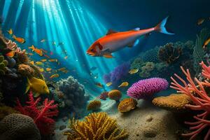 en fisk simmar över en korall rev med färgrik fisk. ai-genererad foto