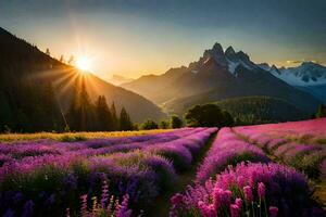 de Sol stiger över en lavendel- fält i de berg. ai-genererad foto