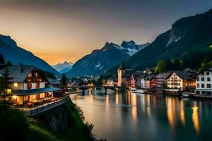 de skön stad av schweiz på solnedgång. ai-genererad foto