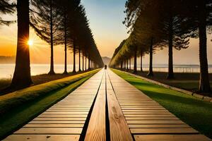 en lång trä- gångväg leder till de vatten på solnedgång. ai-genererad foto