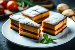tre skivor av kaka på en tallrik med tomater. ai-genererad foto