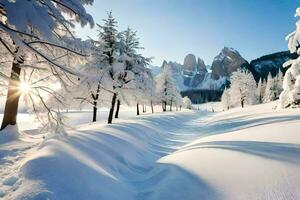 snö täckt träd och bergen i de Sol. ai-genererad foto