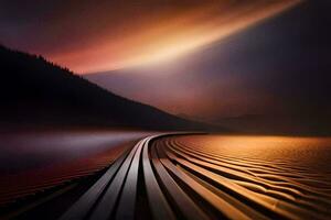 en tåg Spår i de öken- på natt. ai-genererad foto