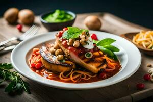 en tallrik av mat med pasta och kött på Det. ai-genererad foto