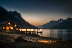 en båt sitter på de Strand av en sjö på skymning. ai-genererad foto