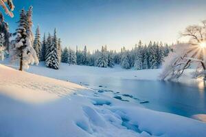 en snöig landskap med träd och en flod. ai-genererad foto