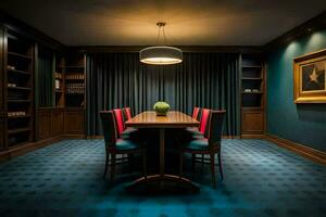 en dining rum med blå väggar och en trä- tabell. ai-genererad foto
