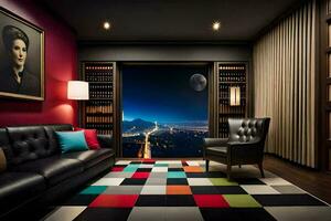en levande rum med en svart läder soffa och en färgrik matta. ai-genererad foto