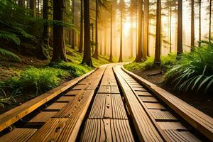 trä- väg i de skog på soluppgång. ai-genererad foto