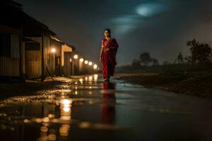en kvinna i röd klänning gående ner en våt väg på natt. ai-genererad foto