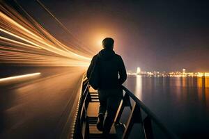 en man gående på en bro på natt med ljus stigar. ai-genererad foto