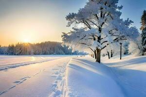 en snöig landskap med träd och en väg. ai-genererad foto