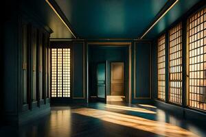en rum med blå väggar och trä- golv. ai-genererad foto