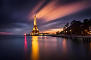 de eiffel torn i paris på natt. ai-genererad foto