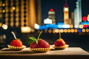 tre jordgubbar är Sammanträde på en tabell i främre av en stad horisont. ai-genererad foto
