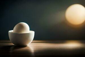 ett ägg i en kopp på en tabell. ai-genererad foto