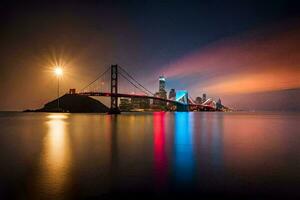 de gyllene Port bro på natt. ai-genererad foto
