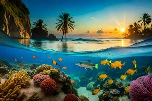 de hav och korall rev på solnedgång. ai-genererad foto