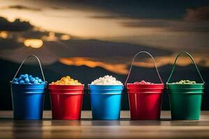 fem hinkar av popcorn på en tabell. ai-genererad foto