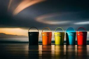 fem färgrik hinkar på en strand med en stormig himmel. ai-genererad foto
