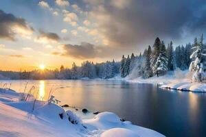 en skön vinter- scen med snö täckt träd och en flod. ai-genererad foto