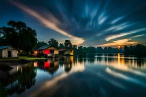 en sjö med en hus och en himmel fylld med moln. ai-genererad foto