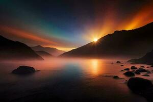 solnedgång över de sjö, berg, och rocks. ai-genererad foto